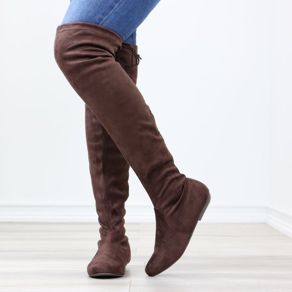 Brown Thigh High Over The Knee Flat Boots Faux Suede - Picture 9 of 13